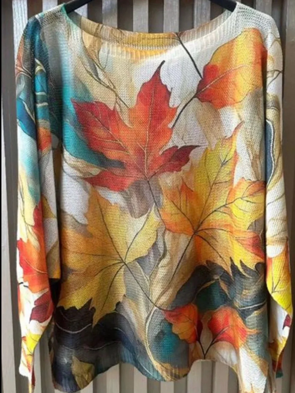 62 1 left ❤️ LOOWIE Cream Fall Leaves Round Neck Knit Printed Sweater